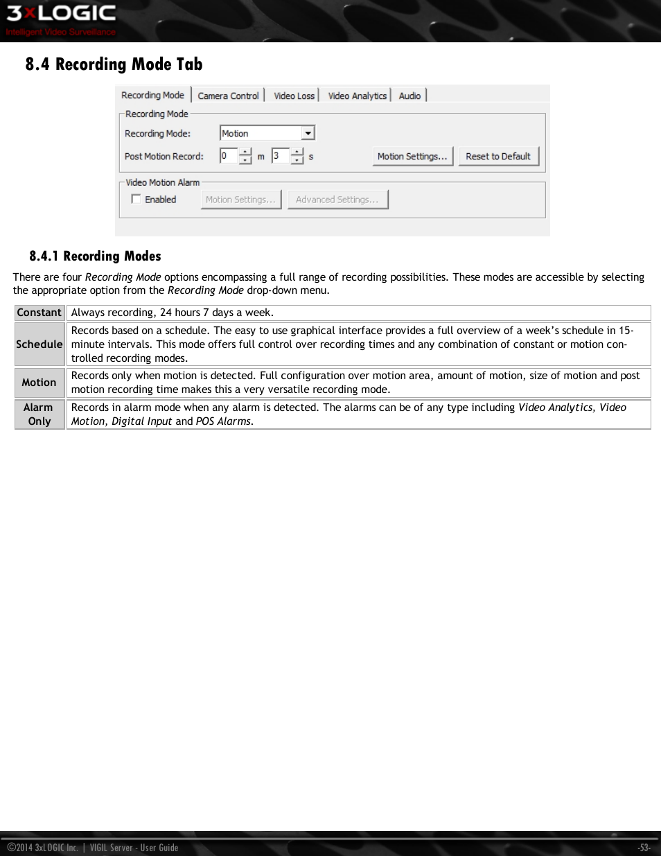 4 recording mode tab, 1 recording modes | 3xLOGIC VIGIL Server User Manual | Page 62 / 148