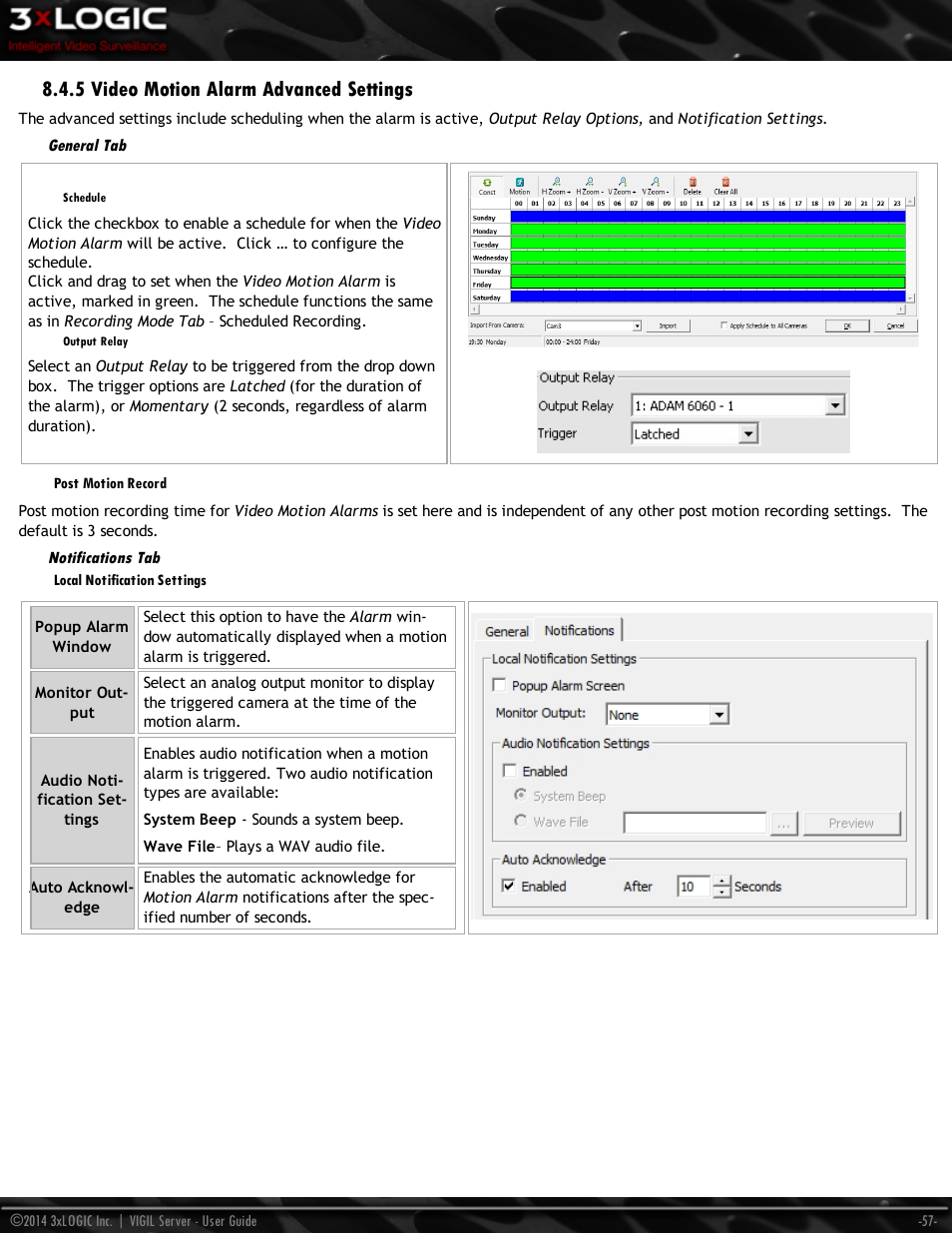 5 video motion alarm advanced settings, General tab, Schedule | Output relay, Post motion record, Notifications tab, Local notification settings | 3xLOGIC VIGIL Server User Manual | Page 66 / 148