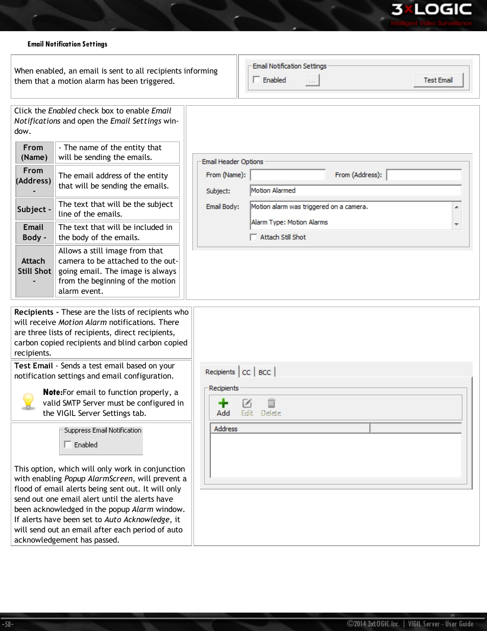 Email notification settings | 3xLOGIC VIGIL Server User Manual | Page 67 / 148