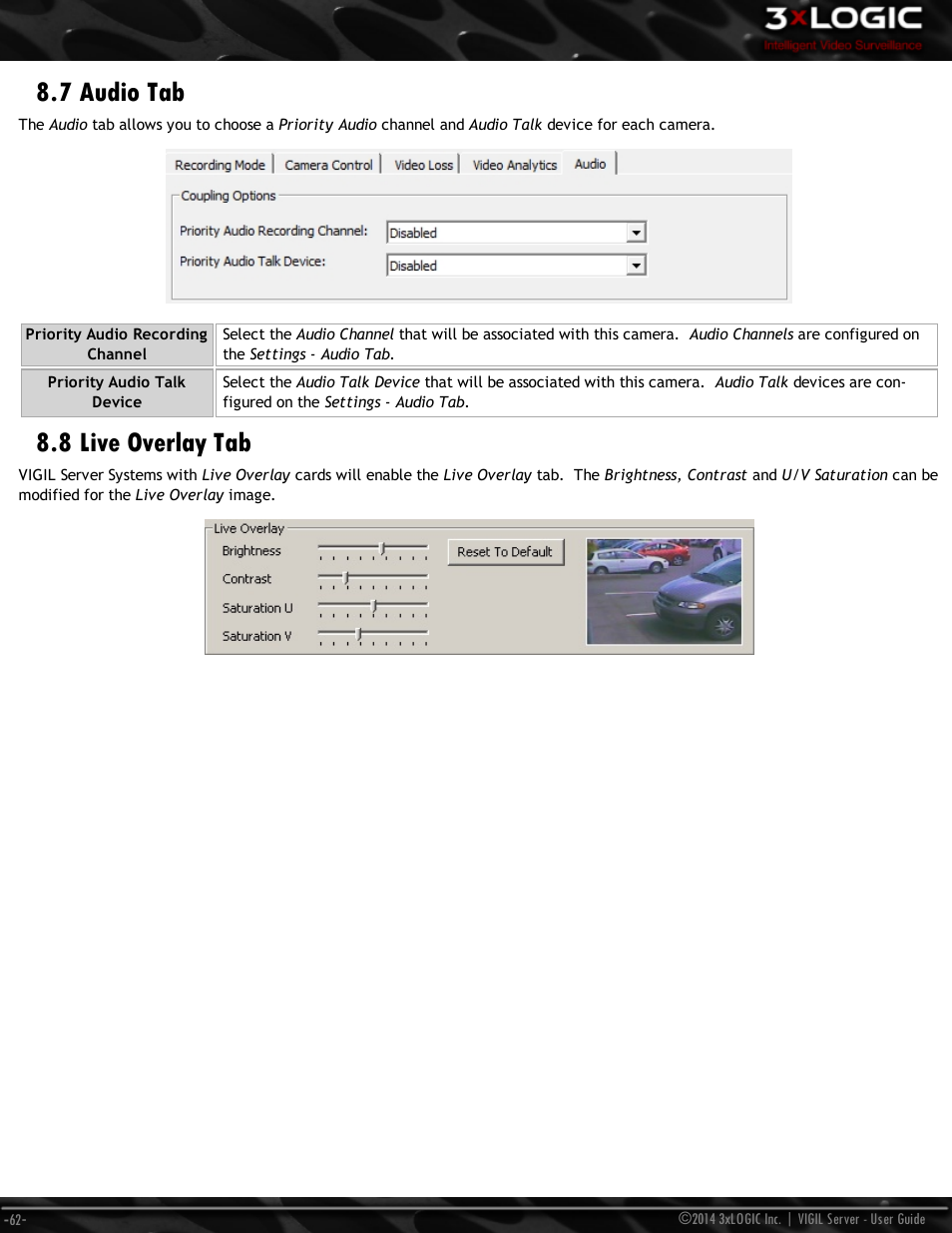7 audio tab, 8 live overlay tab | 3xLOGIC VIGIL Server User Manual | Page 71 / 148