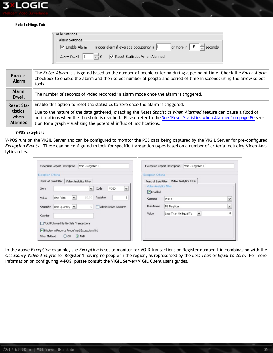 Rule settings tab, V-pos exceptions | 3xLOGIC VIGIL Server User Manual | Page 94 / 148