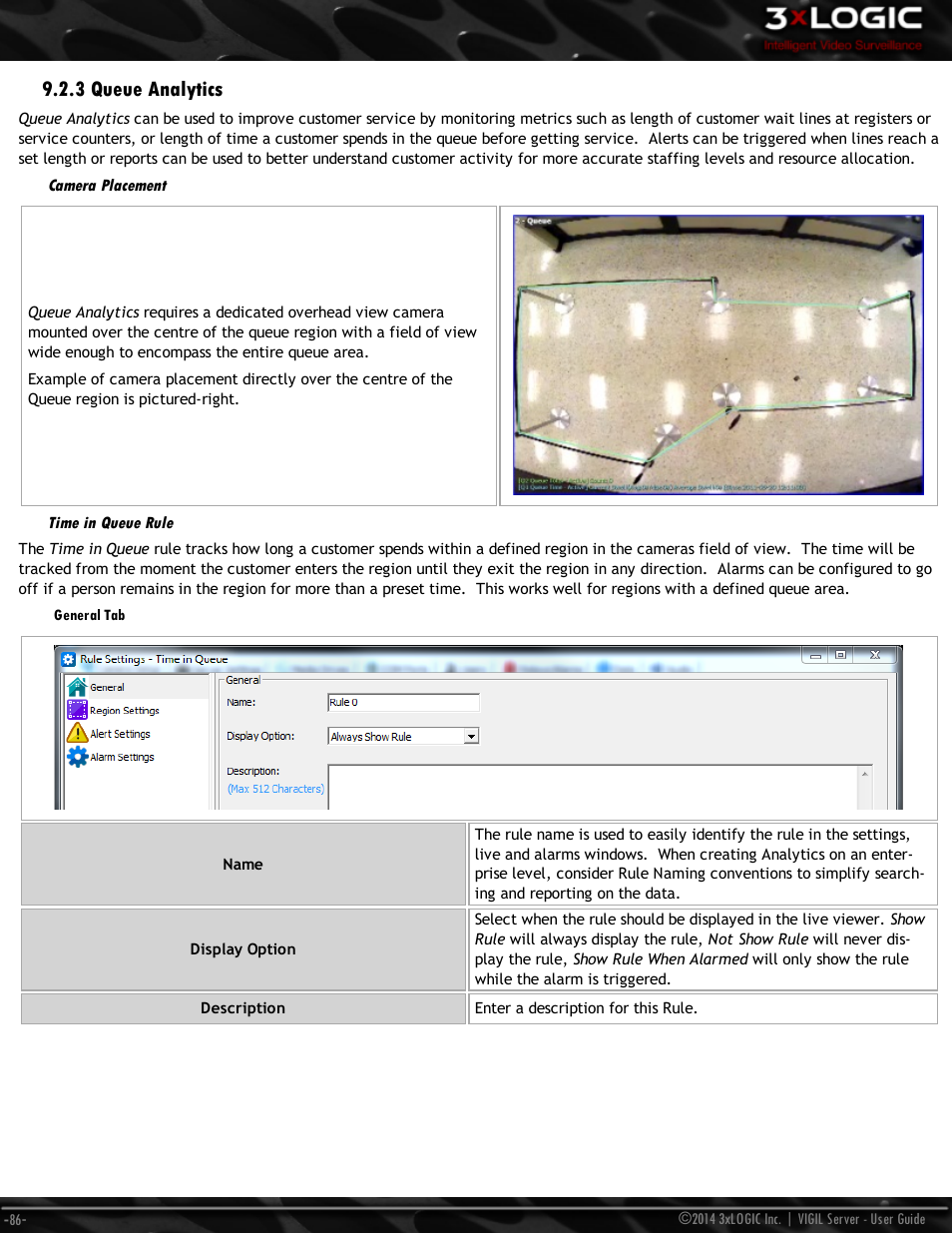3 queue analytics, Camera placement, Time in queue rule | General tab | 3xLOGIC VIGIL Server User Manual | Page 95 / 148