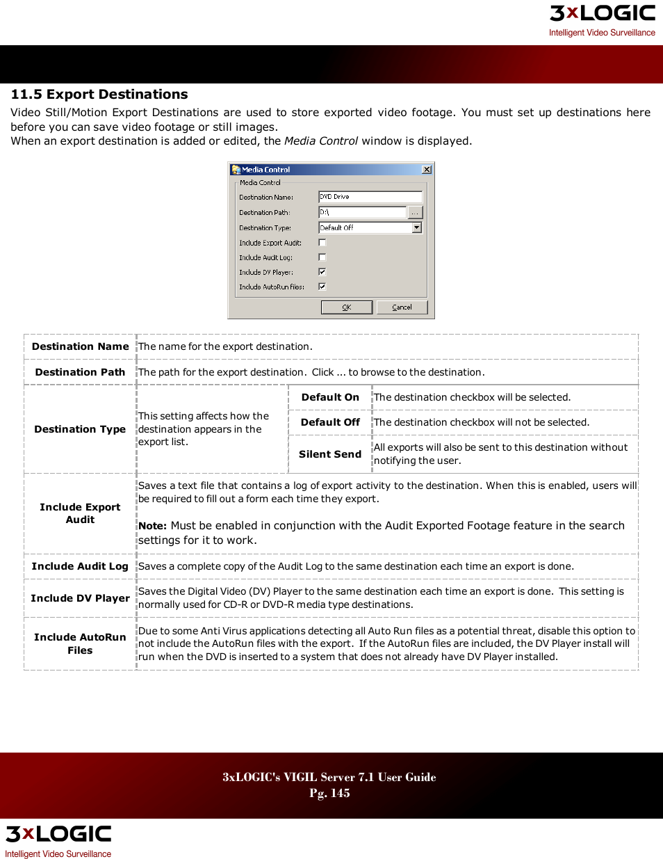 5 export destinations, Xport, Estinations | 3xLOGIC VIGIL Server User Manual | Page 149 / 180