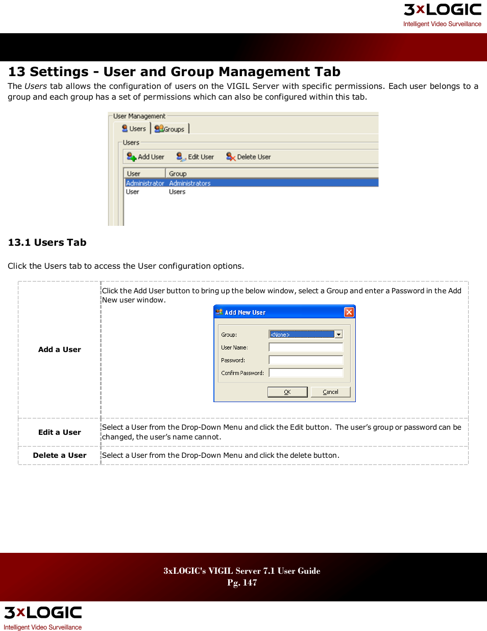 13 settings - user and group management tab, 1 users tab, Sers | 3xLOGIC VIGIL Server User Manual | Page 151 / 180