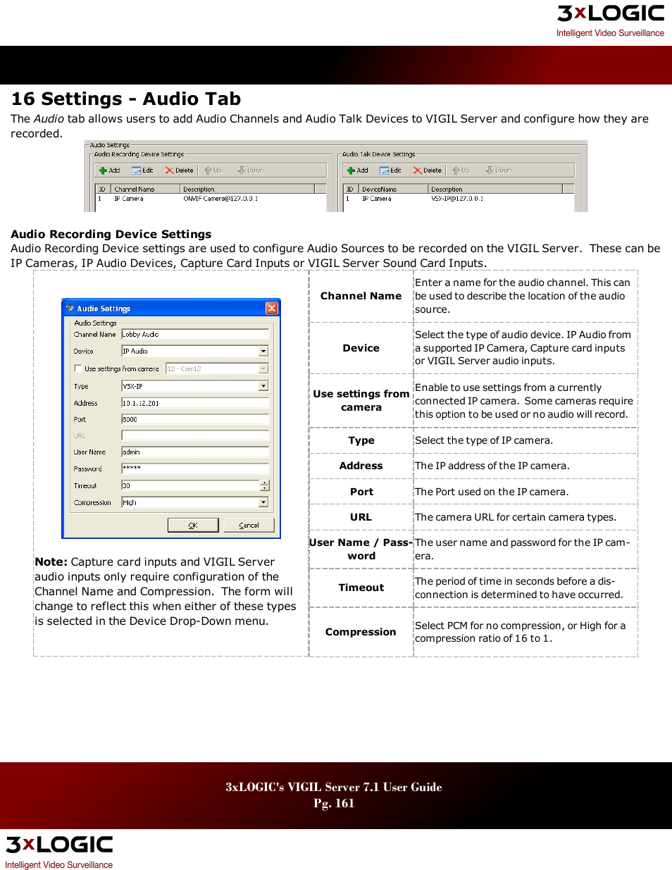 16 settings - audio tab | 3xLOGIC VIGIL Server User Manual | Page 165 / 180