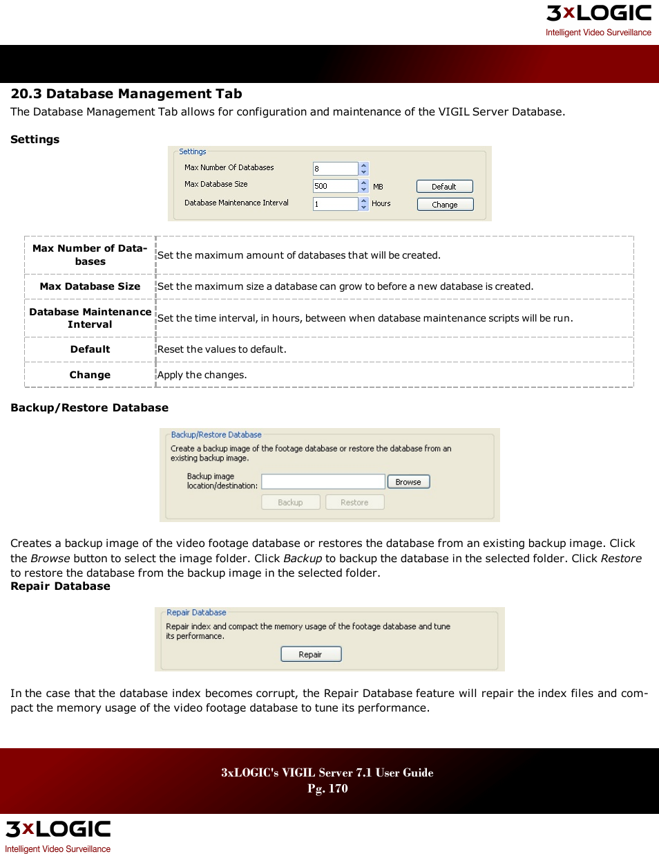 3 database management tab, Atabase, Anagement | 3xLOGIC VIGIL Server User Manual | Page 174 / 180