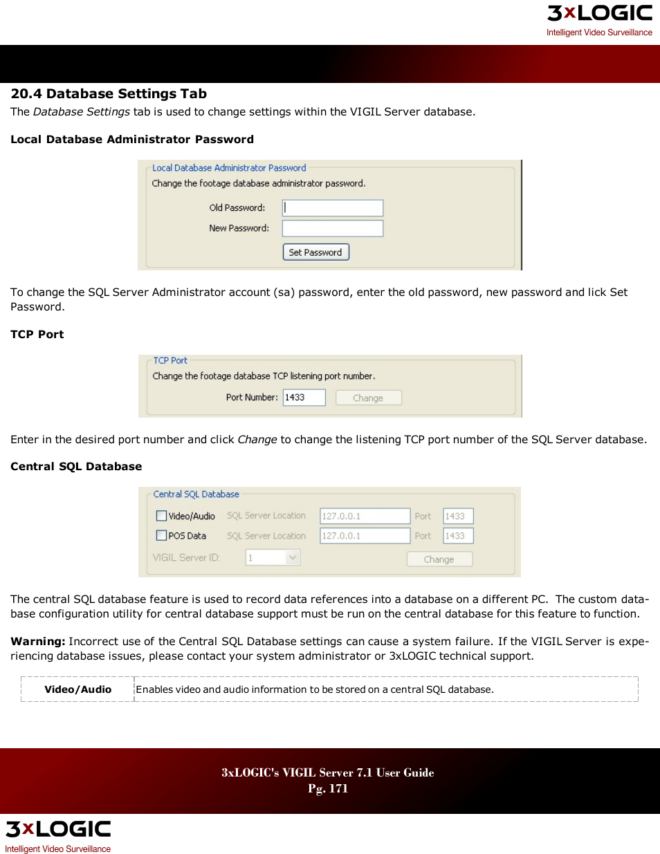 4 database settings tab, Atabase, Ettings | 3xLOGIC VIGIL Server User Manual | Page 175 / 180