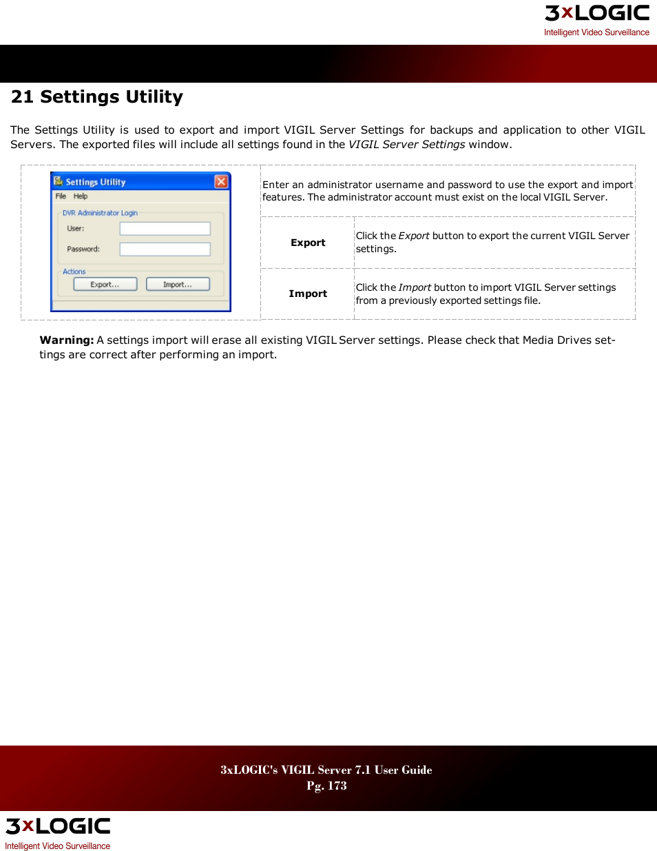 21 settings utility | 3xLOGIC VIGIL Server User Manual | Page 177 / 180