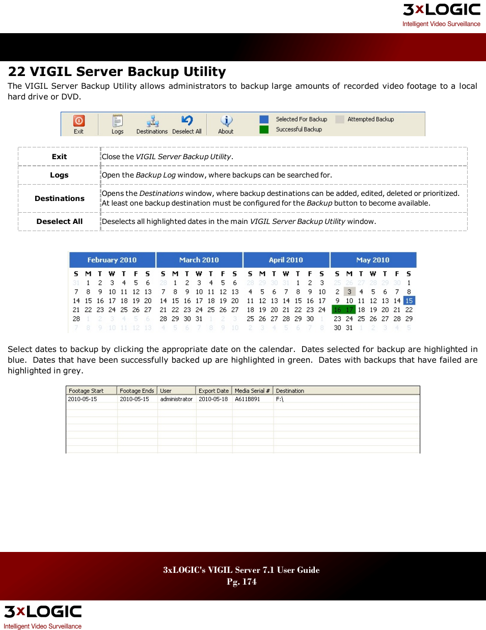 22 vigil server backup utility | 3xLOGIC VIGIL Server User Manual | Page 178 / 180