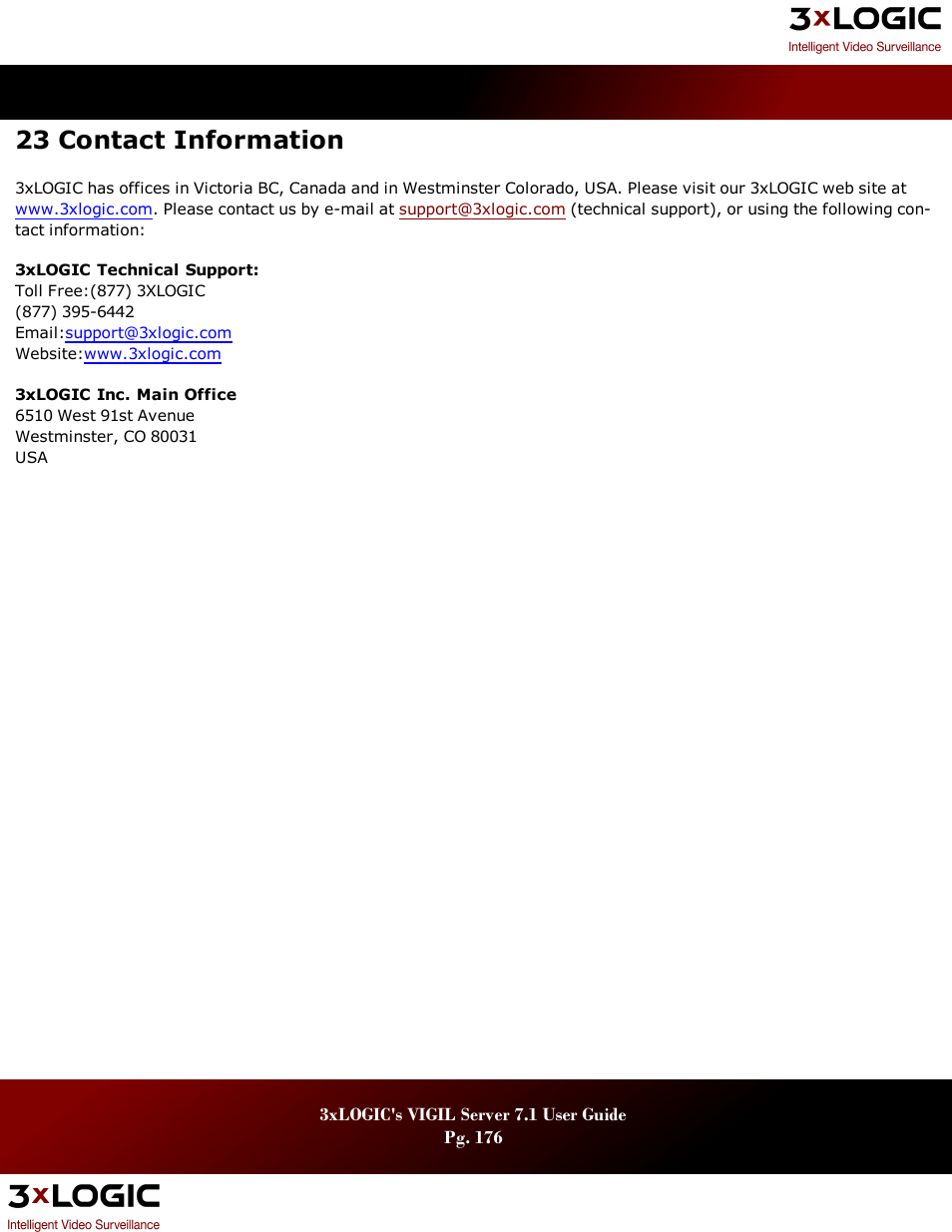 23 contact information | 3xLOGIC VIGIL Server User Manual | Page 180 / 180