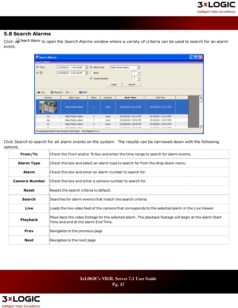 8 search alarms, Earch, Larms | 3xLOGIC VIGIL Server User Manual | Page 51 / 180