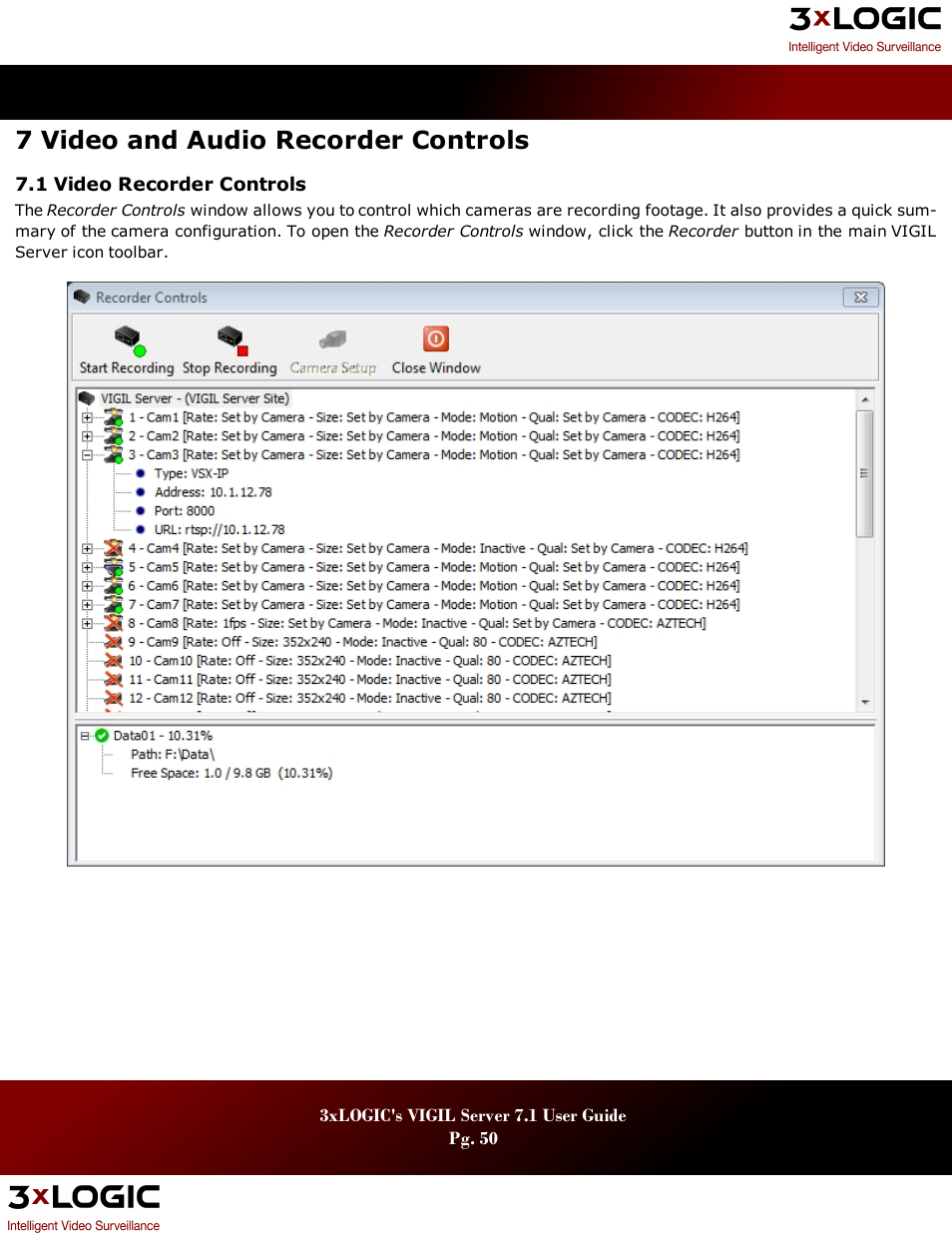 7 video and audio recorder controls, 1 video recorder controls, Ideo | Ecorder, Ontrols | 3xLOGIC VIGIL Server User Manual | Page 54 / 180