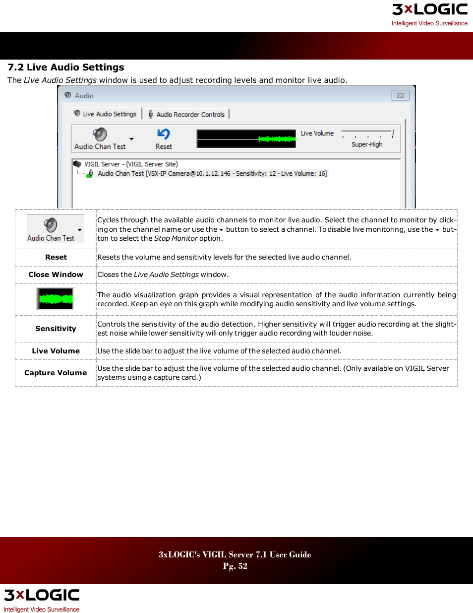 2 live audio settings, Udio, Ettings | 3xLOGIC VIGIL Server User Manual | Page 56 / 180