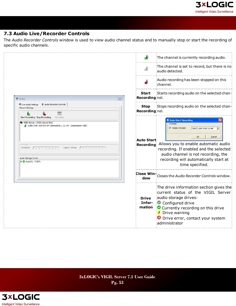 3 audio live/recorder controls, Udio, Ecorder | Ontrols | 3xLOGIC VIGIL Server User Manual | Page 57 / 180