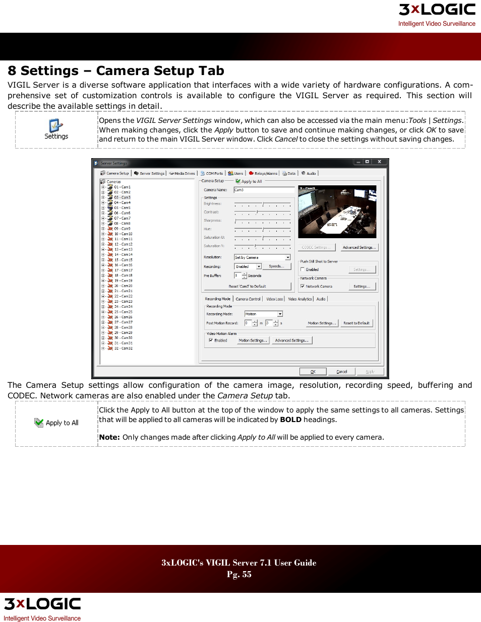 8 settings – camera setup tab | 3xLOGIC VIGIL Server User Manual | Page 59 / 180