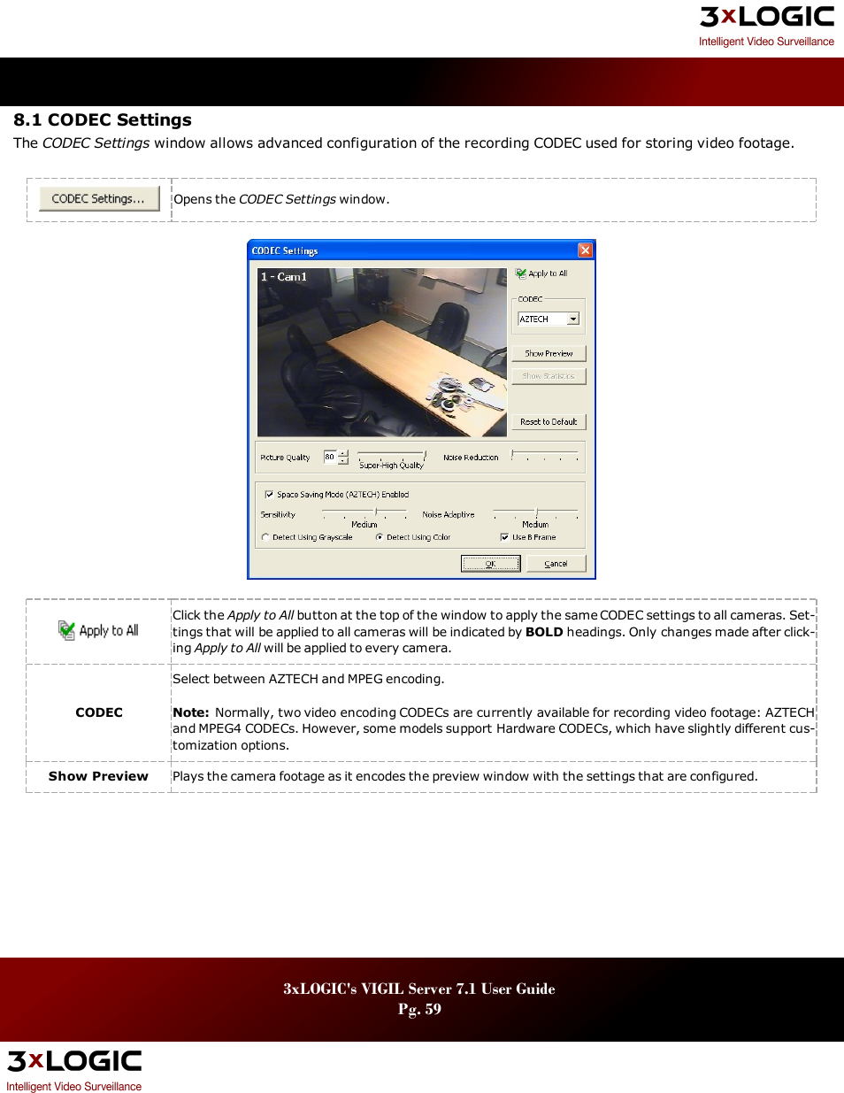 1 codec settings, 1 codec s, Ettings | 3xLOGIC VIGIL Server User Manual | Page 63 / 180