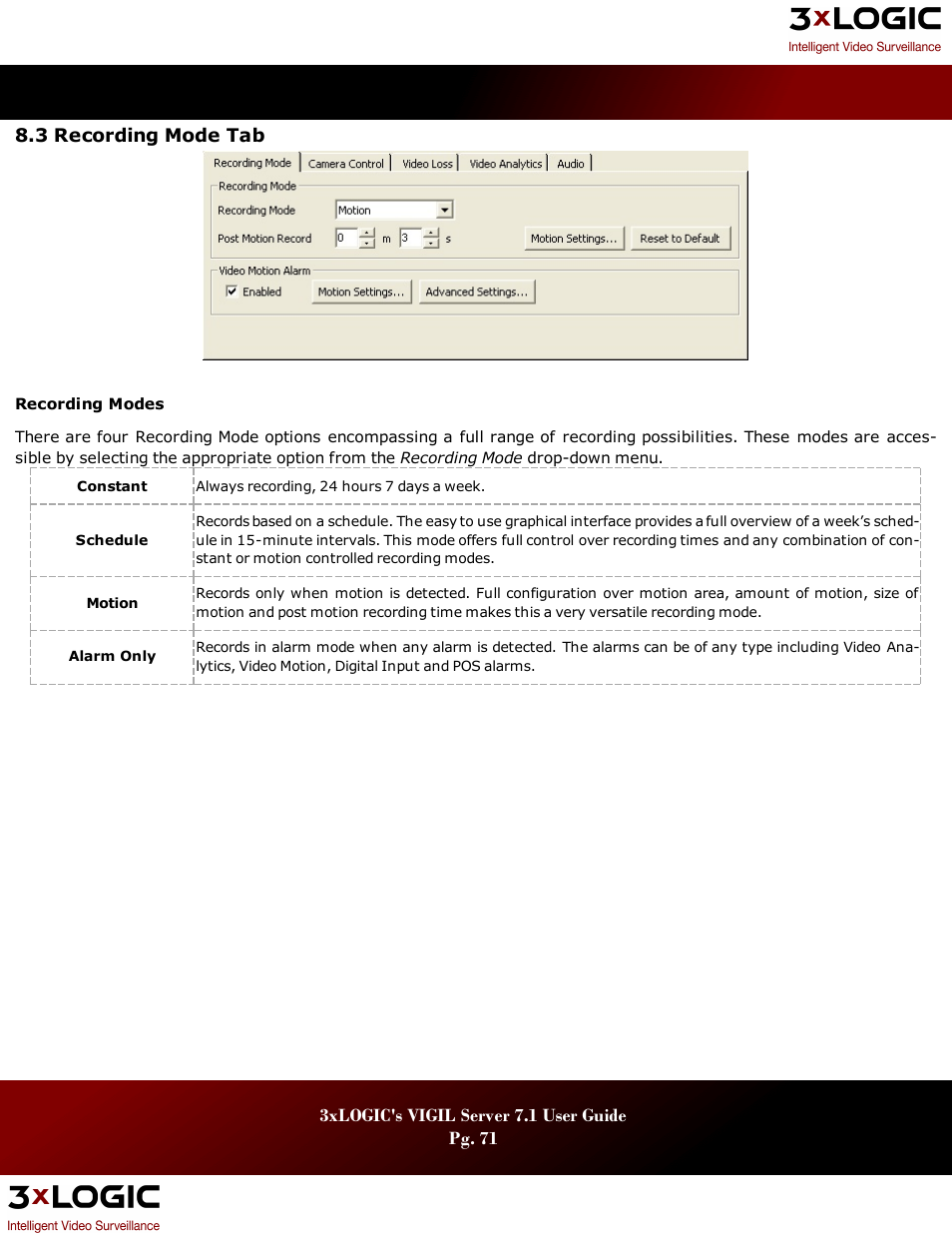 3 recording mode tab, Ecording | 3xLOGIC VIGIL Server User Manual | Page 75 / 180