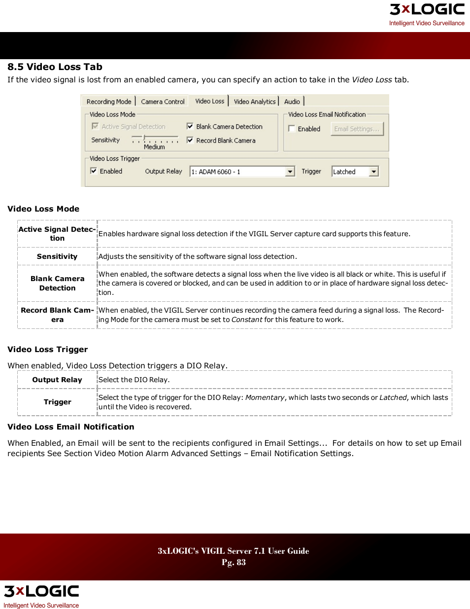 5 video loss tab, Ideo | 3xLOGIC VIGIL Server User Manual | Page 87 / 180