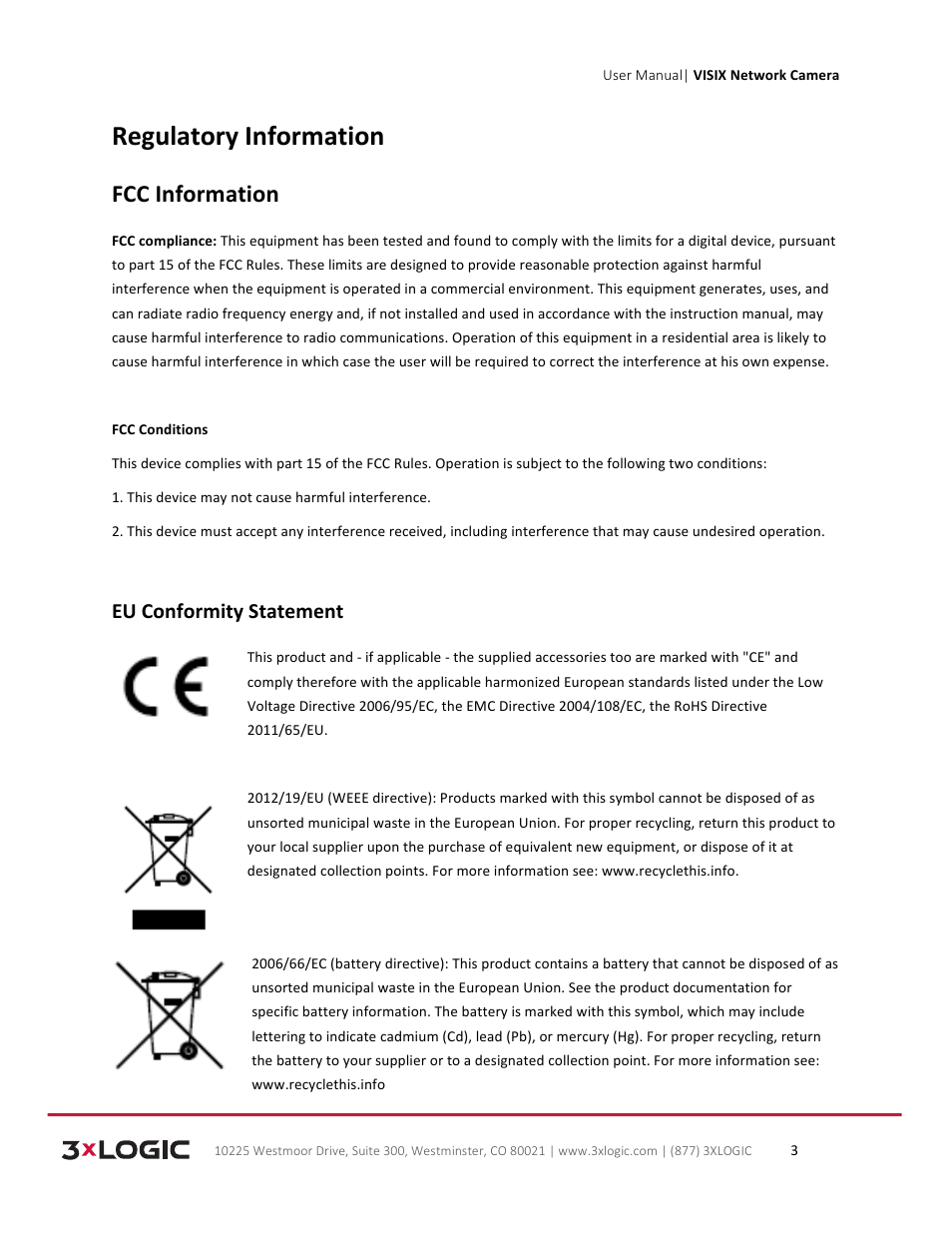 Regulatory information, Fcc information | 3xLOGIC VISIX Camera User Manual | Page 3 / 79