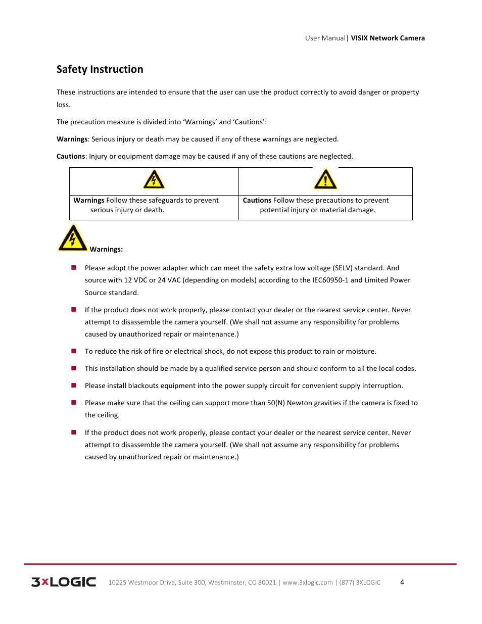 Safety instruction | 3xLOGIC VISIX Camera User Manual | Page 4 / 79