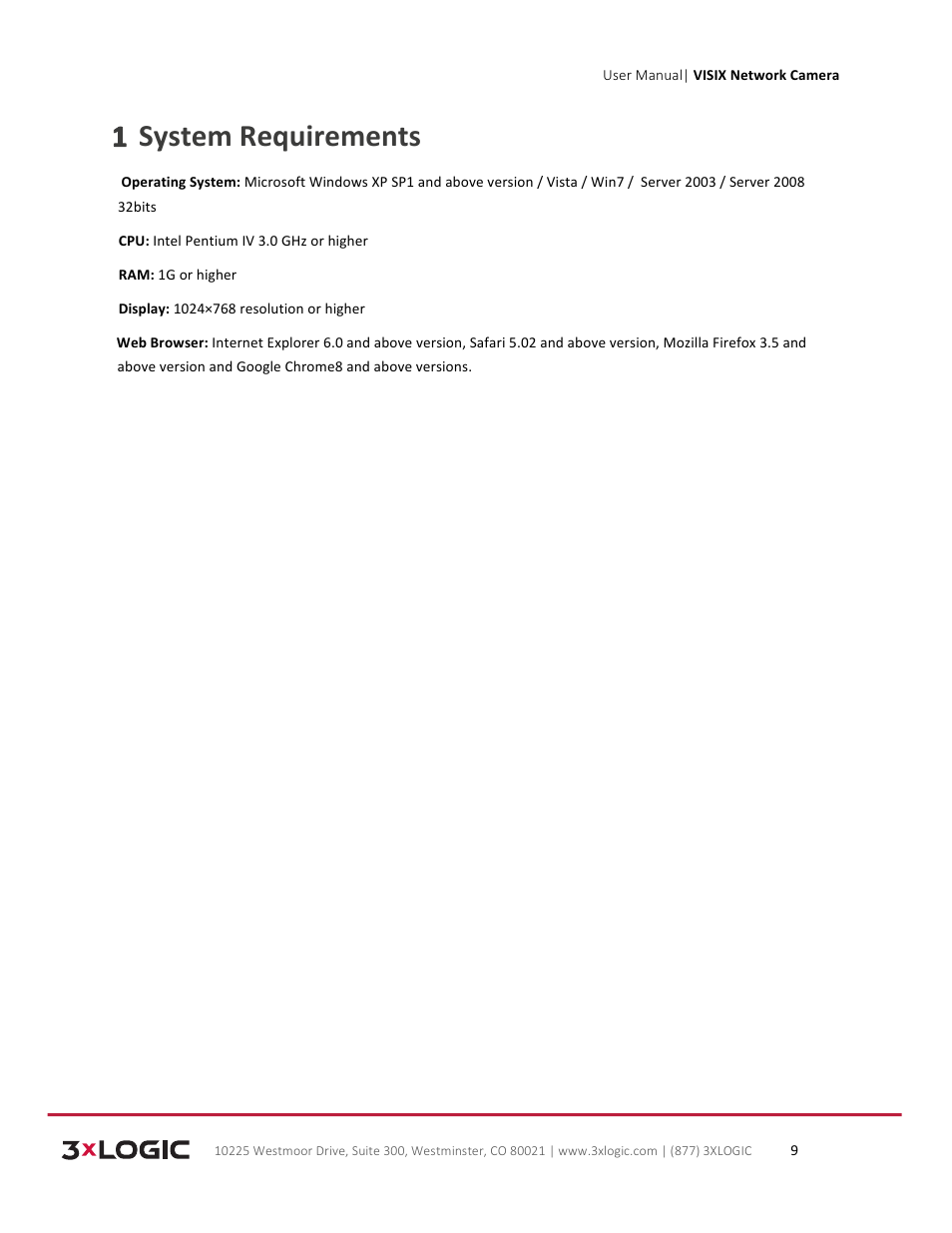 1 system requirements | 3xLOGIC VISIX Camera User Manual | Page 9 / 79