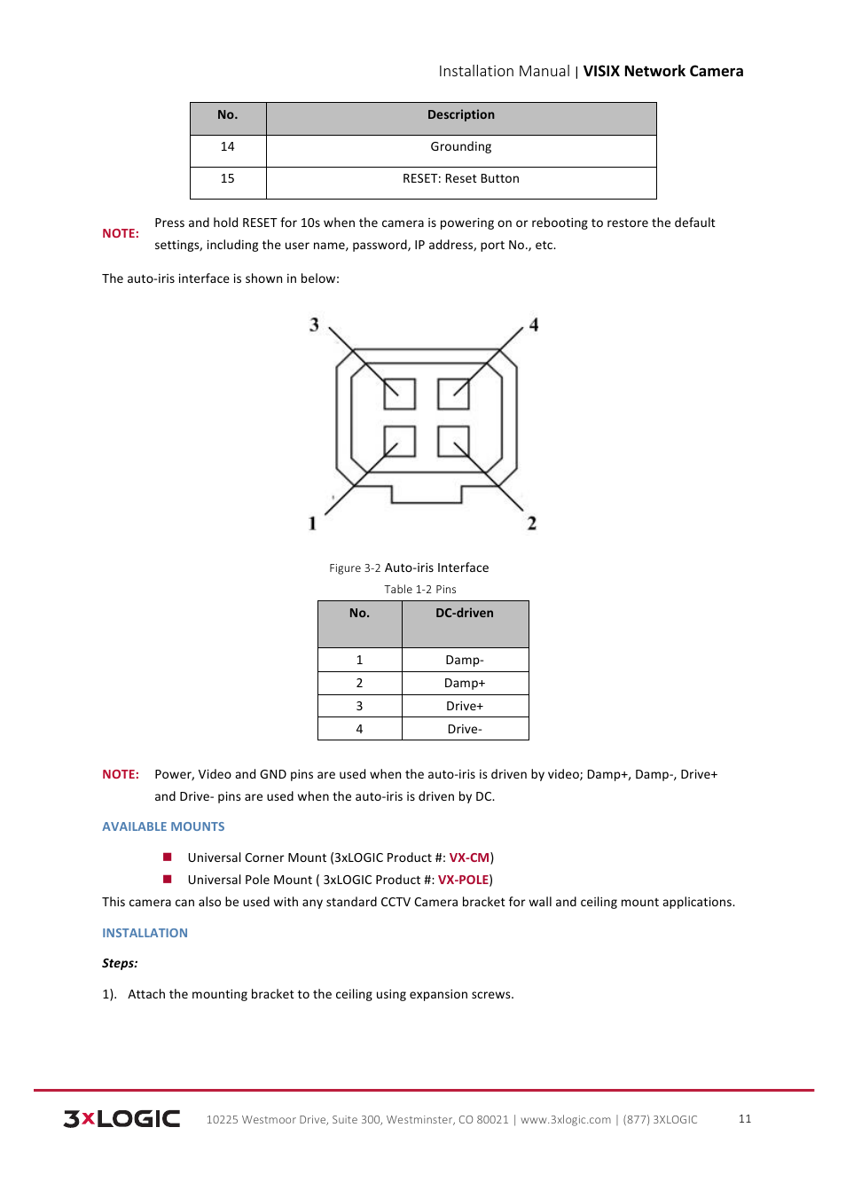 Installation manual, Visix network camera | 3xLOGIC VISIX Camera User Manual | Page 12 / 103