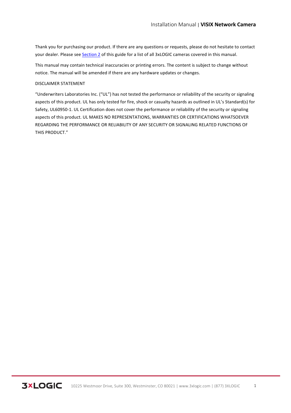 Installation manual, Visix network camera | 3xLOGIC VISIX Camera User Manual | Page 2 / 103