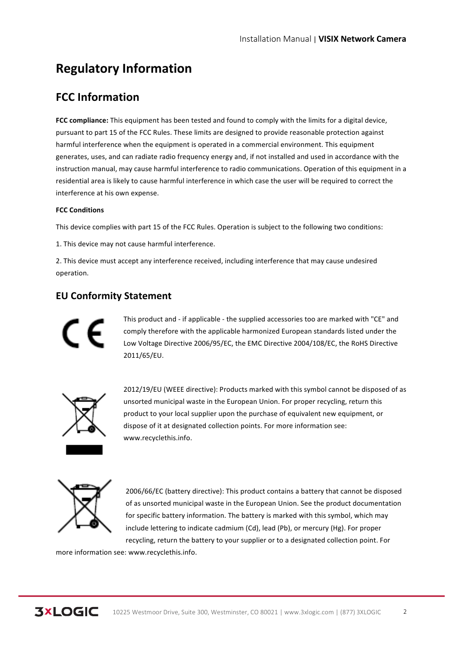 Regulatory information, Fcc information, Eu conformity statement | 3xLOGIC VISIX Camera User Manual | Page 3 / 103