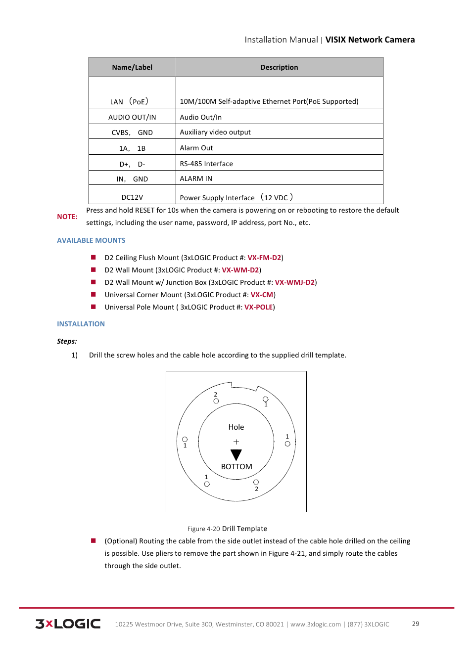 Installation manual, Visix network camera | 3xLOGIC VISIX Camera User Manual | Page 30 / 103