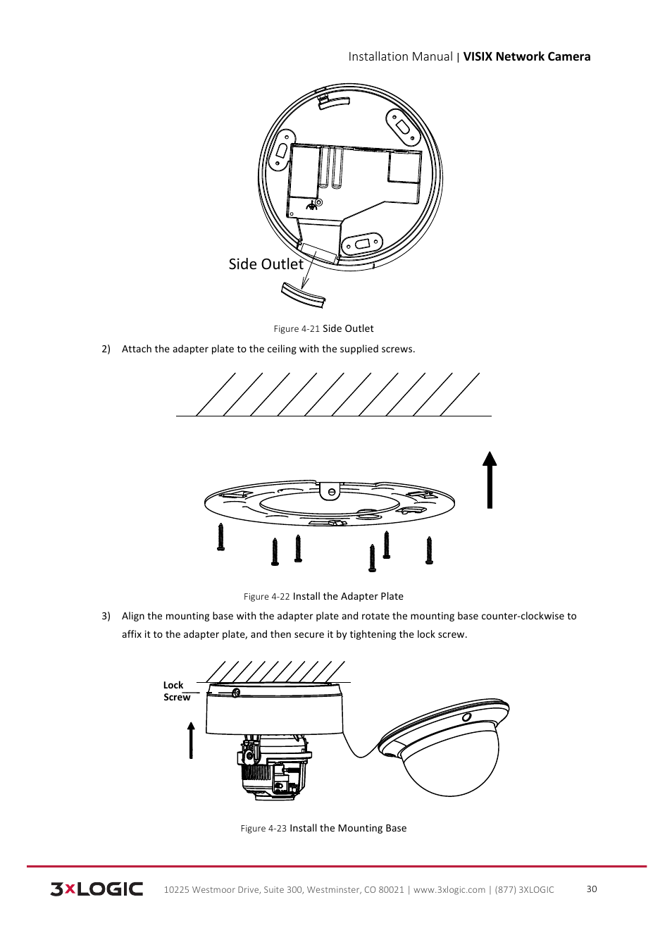 Side outlet, Installation manual, Visix network camera | 3xLOGIC VISIX Camera User Manual | Page 31 / 103