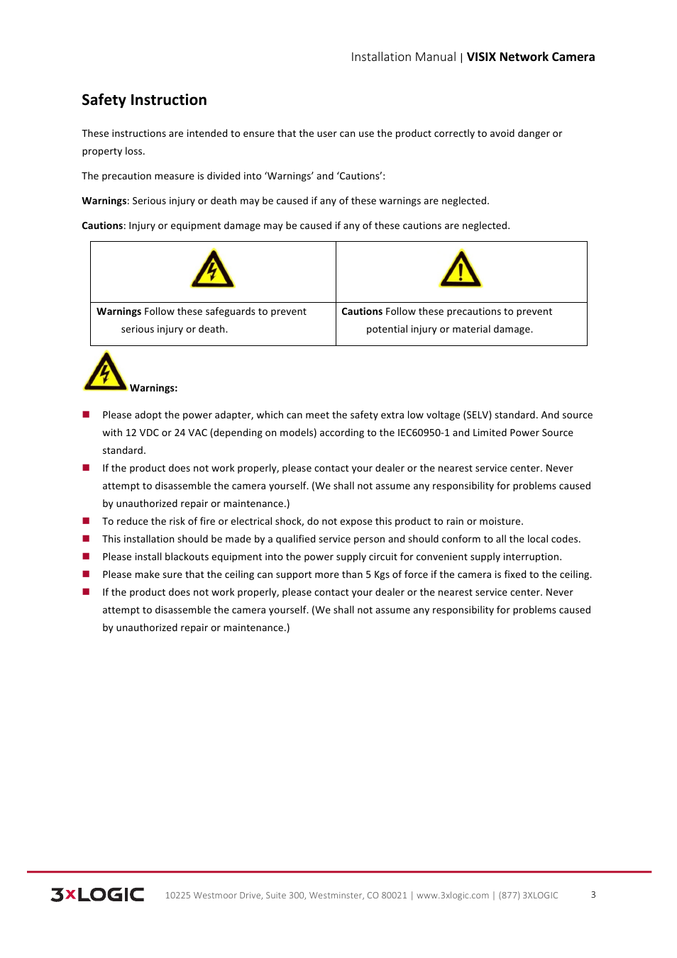Safety instruction, Installation manual, Visix network camera | 3xLOGIC VISIX Camera User Manual | Page 4 / 103