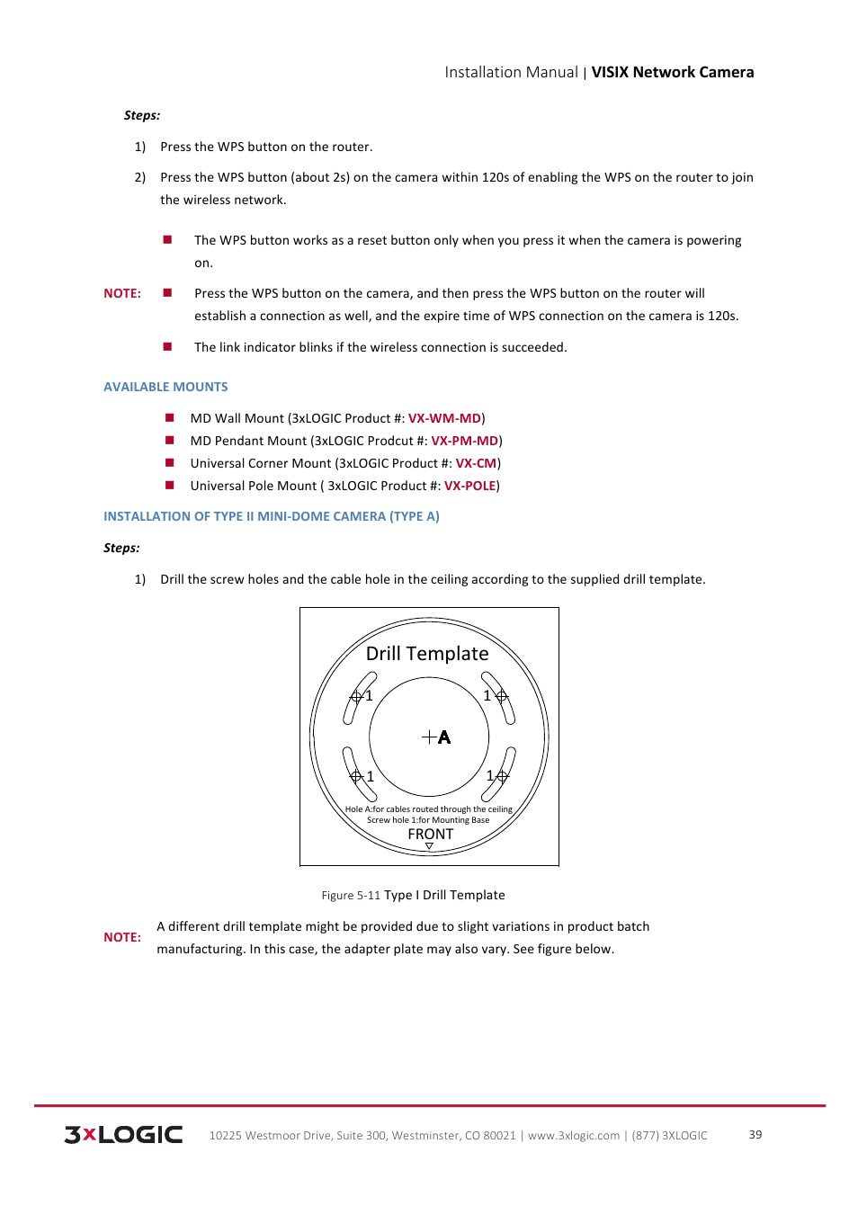 Drill template, Installation manual, Visix network camera | 3xLOGIC VISIX Camera User Manual | Page 40 / 103