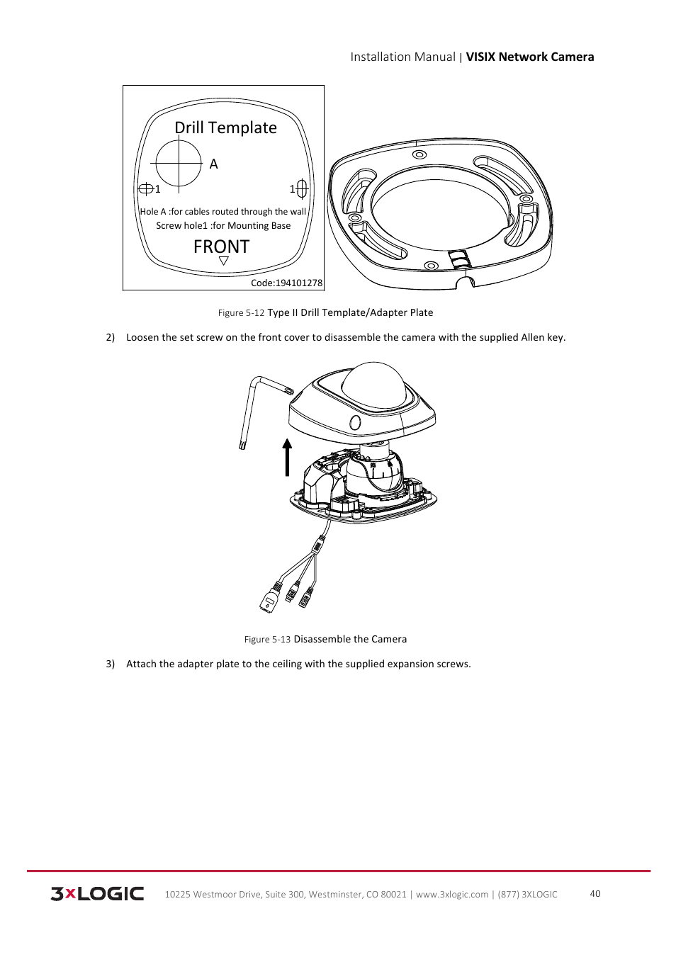 Front, Drill template | 3xLOGIC VISIX Camera User Manual | Page 41 / 103