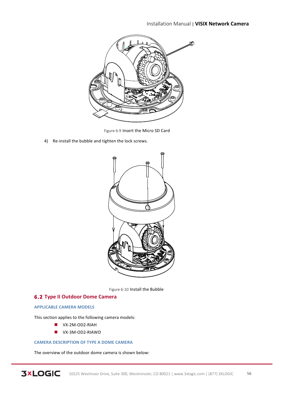 Installation manual, Visix network camera, 2 type ii outdoor dome camera | 3xLOGIC VISIX Camera User Manual | Page 57 / 103