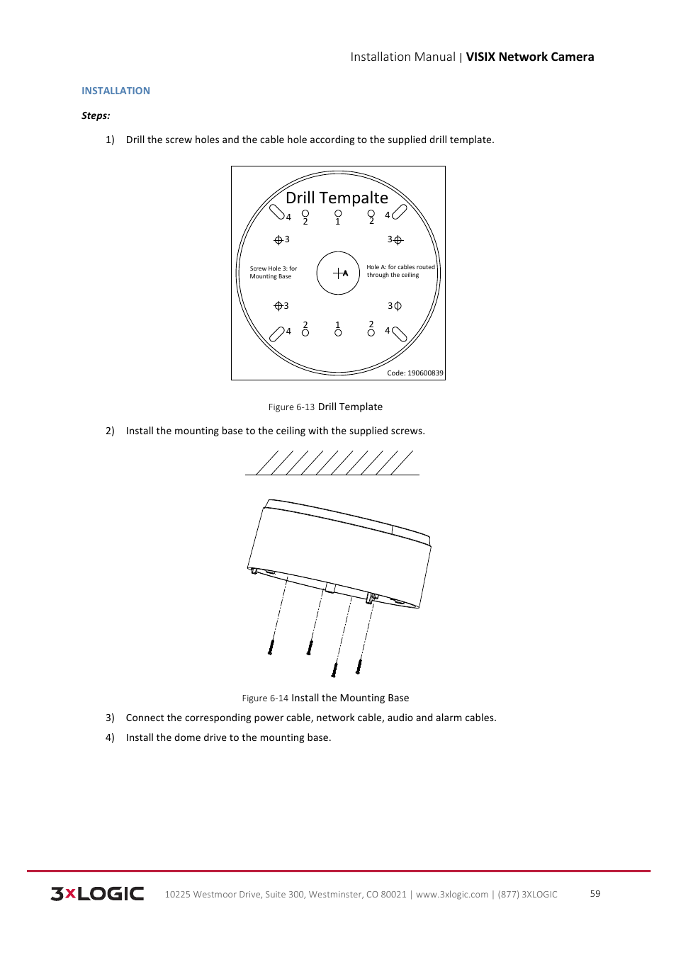 Drill tempalte, Installation manual, Visix network camera | 3xLOGIC VISIX Camera User Manual | Page 60 / 103