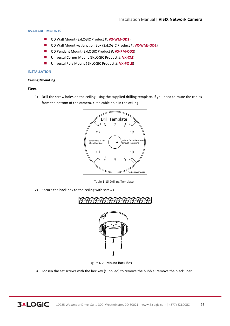 Installation manual, Visix network camera, Drill template | 3xLOGIC VISIX Camera User Manual | Page 64 / 103