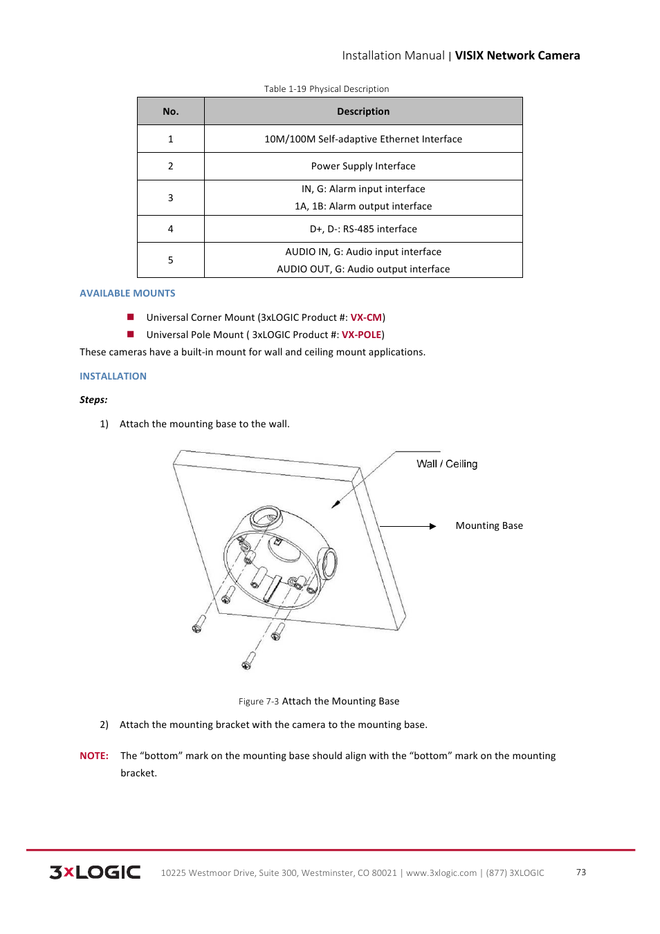 Installation manual, Visix network camera | 3xLOGIC VISIX Camera User Manual | Page 74 / 103