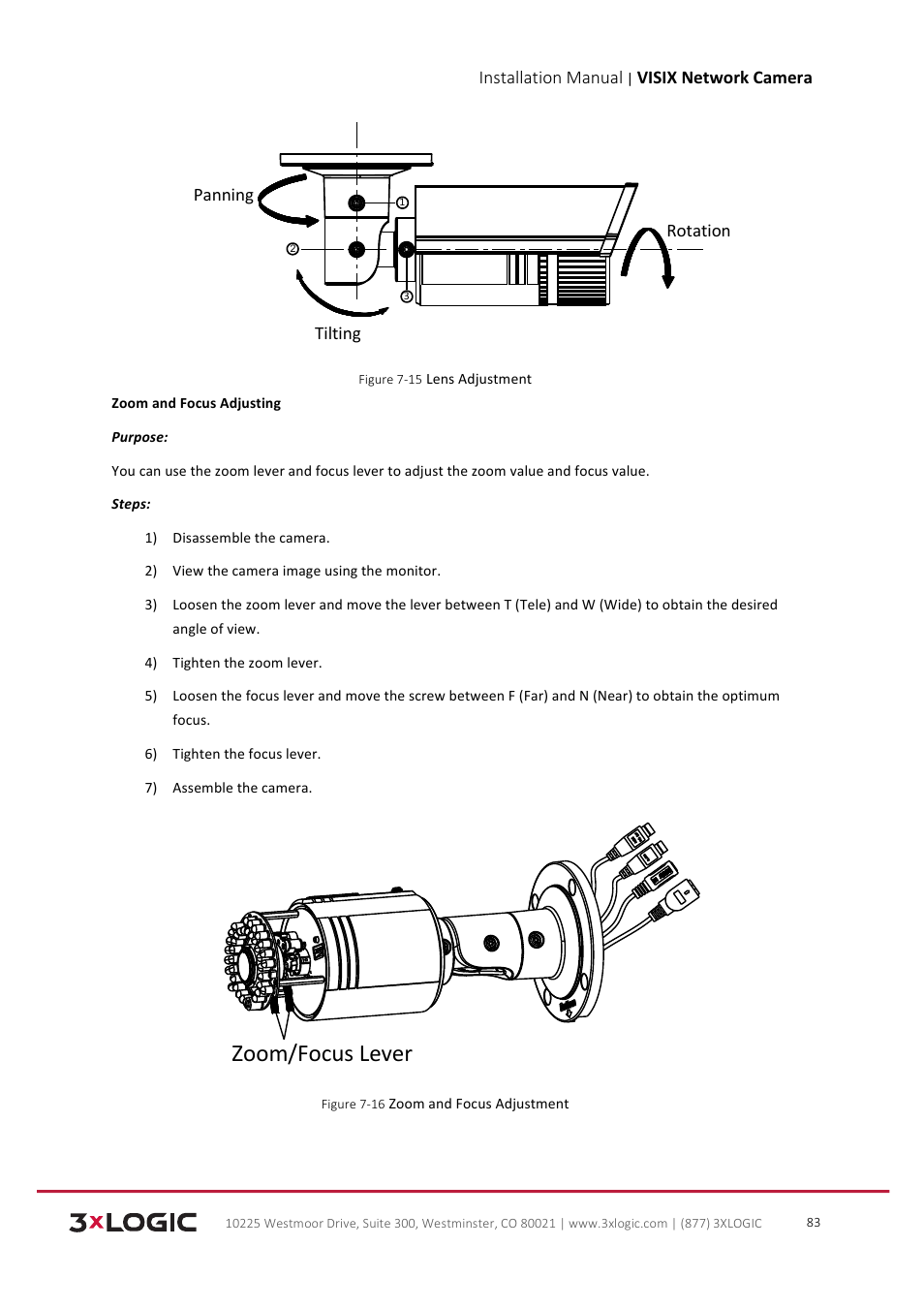 Zoom/focus lever, Installation manual, Visix network camera | Tilting, Rotation panning | 3xLOGIC VISIX Camera User Manual | Page 84 / 103