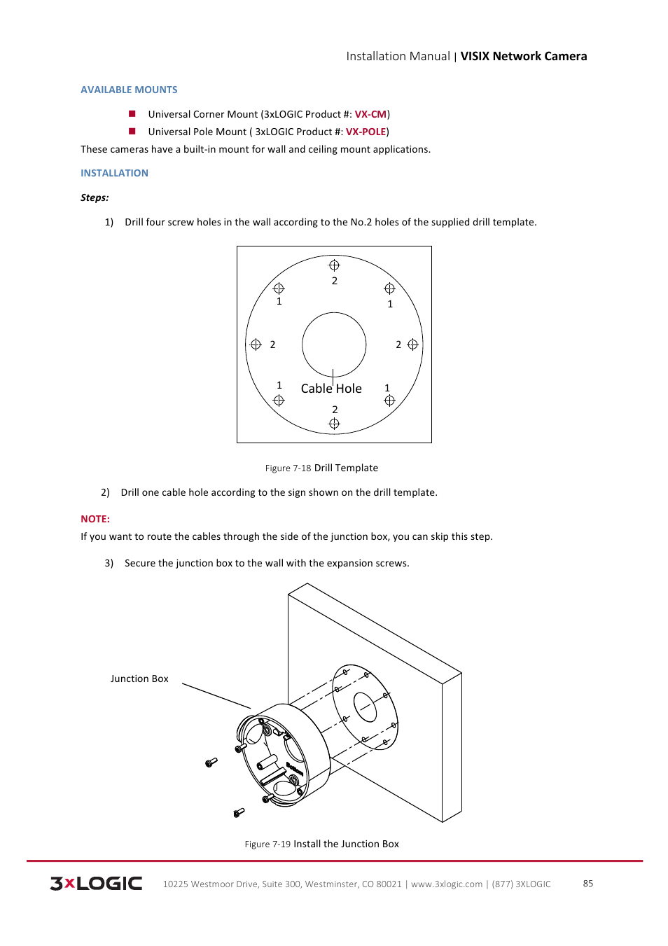 Cable hole, Installation manual, Visix network camera | 3xLOGIC VISIX Camera User Manual | Page 86 / 103