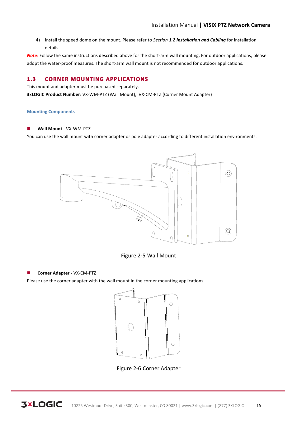 Installation manual | visix ptz network camera, 3 corner mounting applications, Figure 2-­‐5 wall mount | Figure 2-­‐6 corner adapter | 3xLOGIC VISIX Camera User Manual | Page 15 / 39