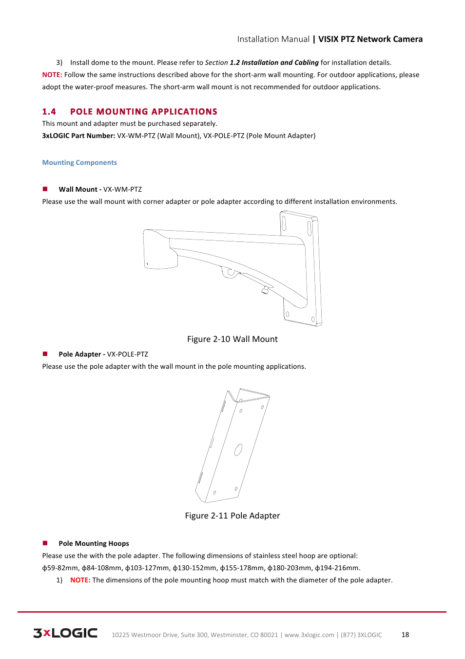Installation manual | visix ptz network camera, 4 pole mounting applications, Figure 2-­‐10 wall mount | Figure 2-­‐11 pole adapter | 3xLOGIC VISIX Camera User Manual | Page 18 / 39