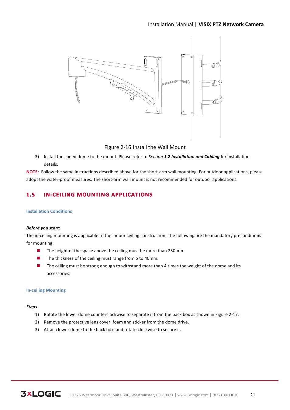 Installation manual | visix ptz network camera, Figure 2-­‐16 install the wall mount, 5 in-­‐ceiling mounting applications | 3xLOGIC VISIX Camera User Manual | Page 21 / 39