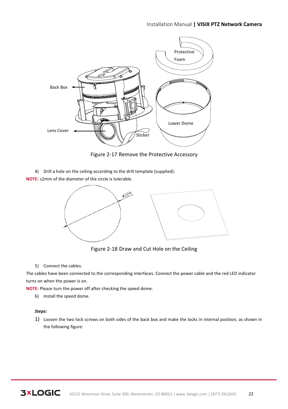 Installation manual | visix ptz network camera, Figure 2-­‐17 remove the protective accessory, Figure 2-­‐18 draw and cut hole on the ceiling | 3xLOGIC VISIX Camera User Manual | Page 22 / 39