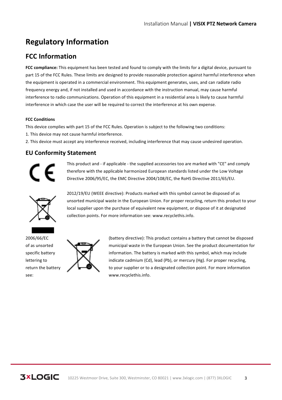 Regulatory information, Fcc information, Eu conformity statement | 3xLOGIC VISIX Camera User Manual | Page 3 / 39