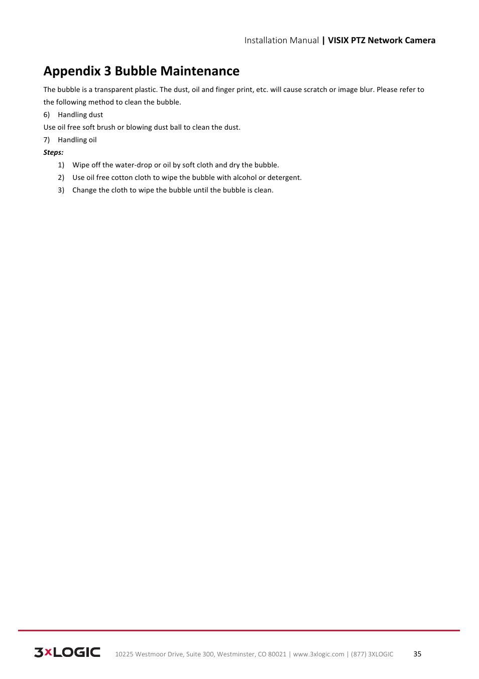 Appendix 3 bubble maintenance | 3xLOGIC VISIX Camera User Manual | Page 35 / 39