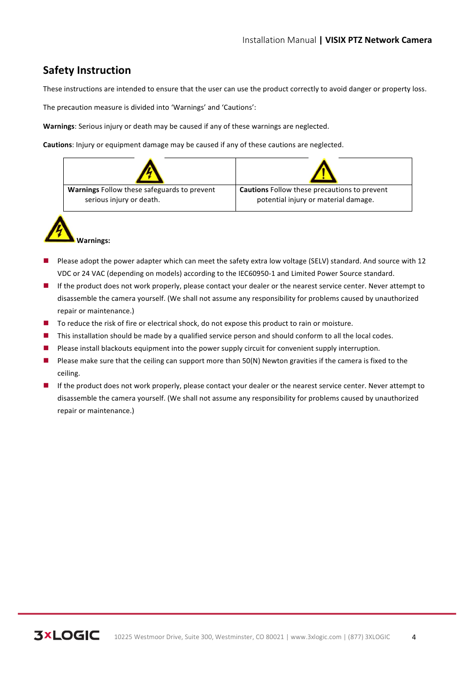 Safety instruction, Installation manual | visix ptz network camera | 3xLOGIC VISIX Camera User Manual | Page 4 / 39