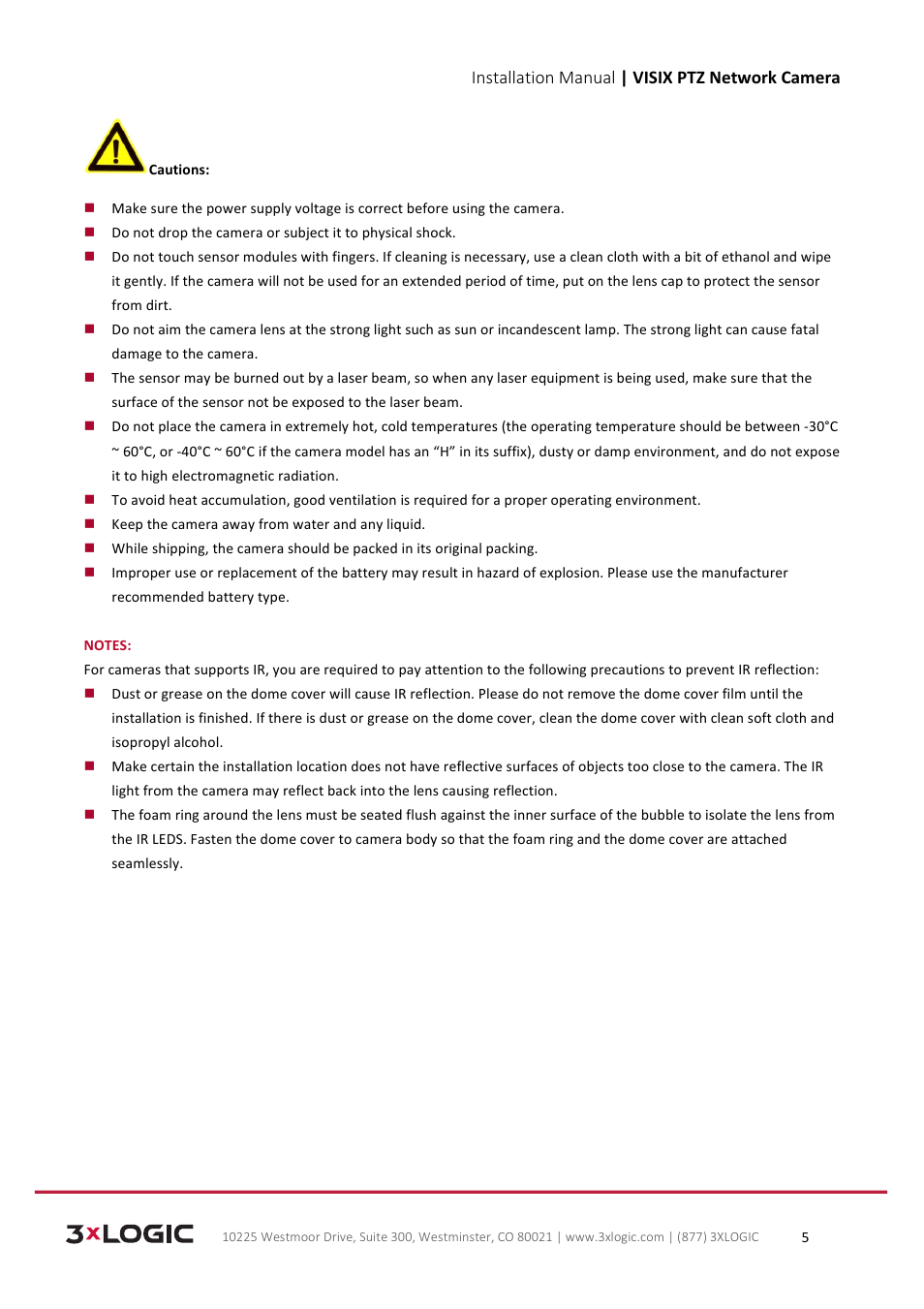 Installation manual | visix ptz network camera | 3xLOGIC VISIX Camera User Manual | Page 5 / 39