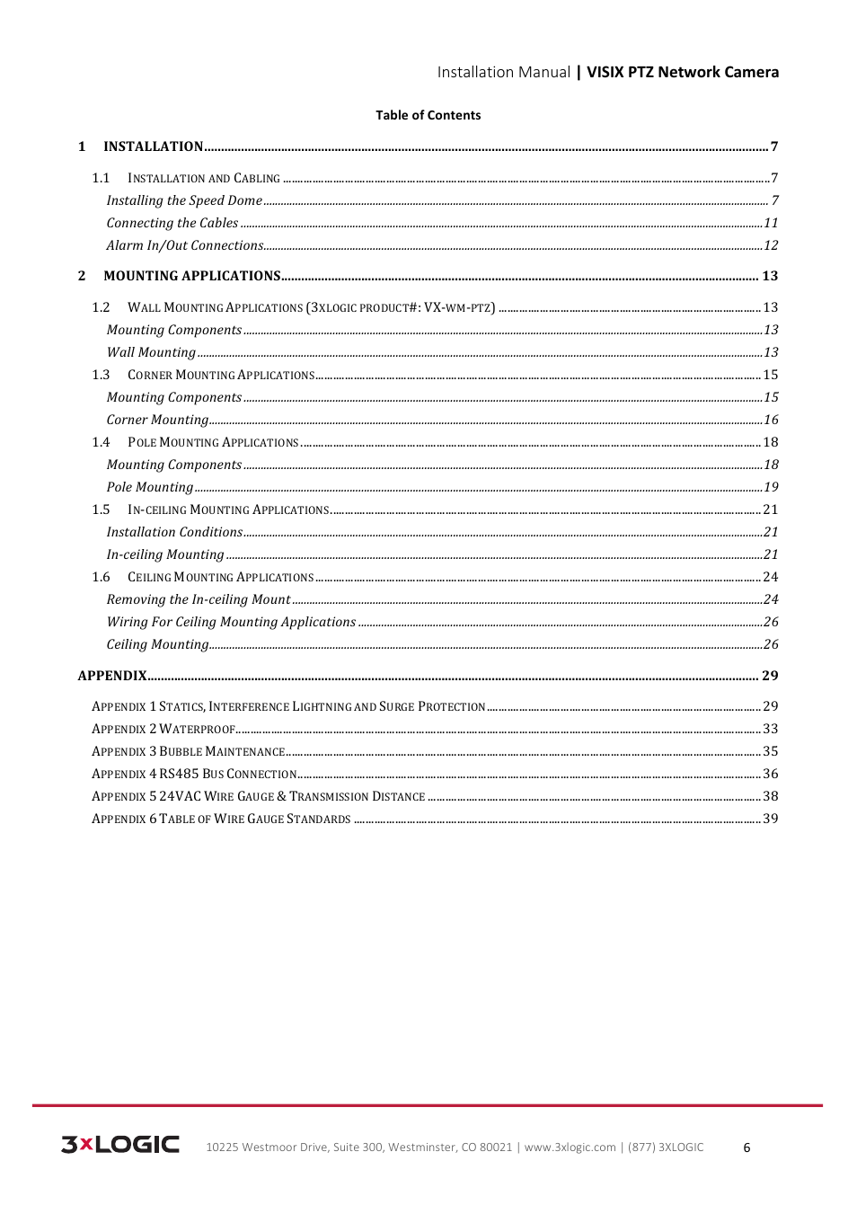 Installation manual | visix ptz network camera | 3xLOGIC VISIX Camera User Manual | Page 6 / 39