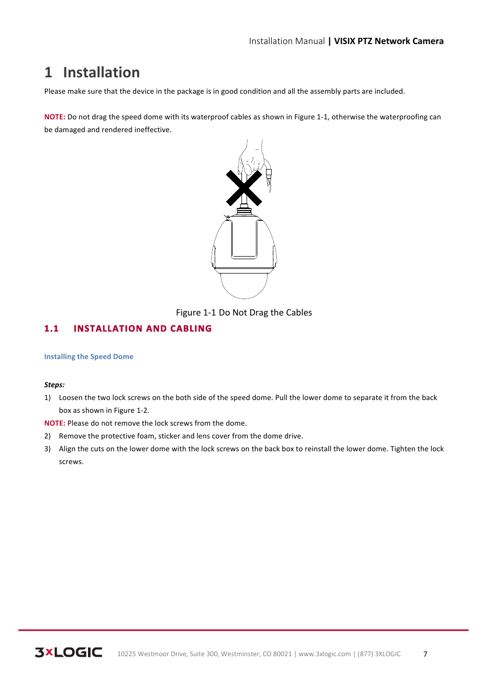 1 installation | 3xLOGIC VISIX Camera User Manual | Page 7 / 39