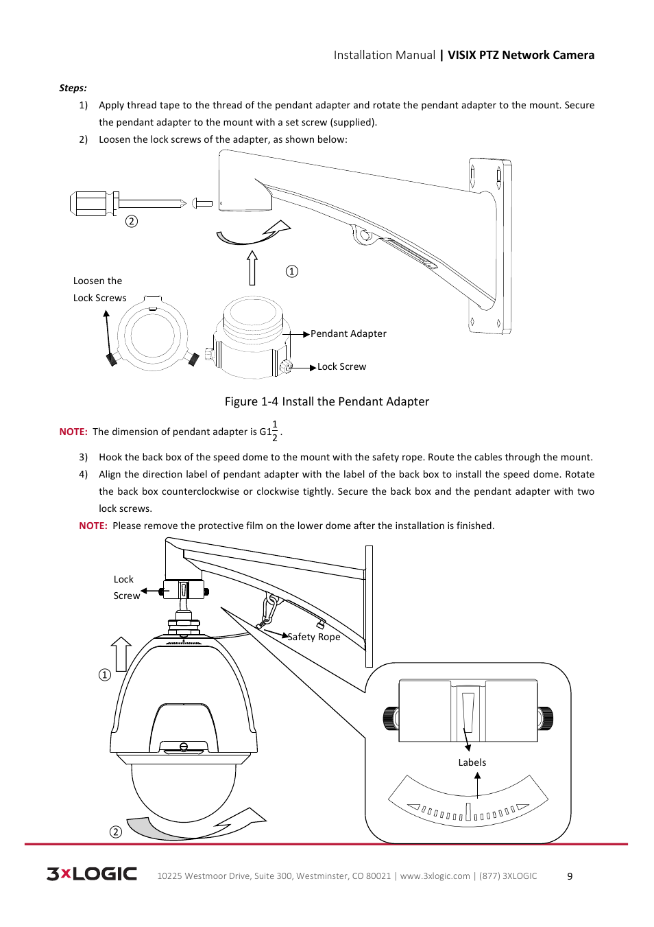 Installation manual | visix ptz network camera, Figure 1-­‐4 install the pendant adapter | 3xLOGIC VISIX Camera User Manual | Page 9 / 39